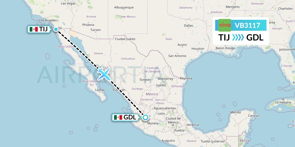 VB3117 VivaAerobus Flight Map: Tijuana to Guadalajara