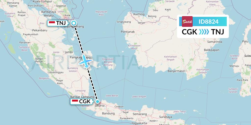 ID8824 Batik Air Flight Map: Jakarta to Tanjung Pinang