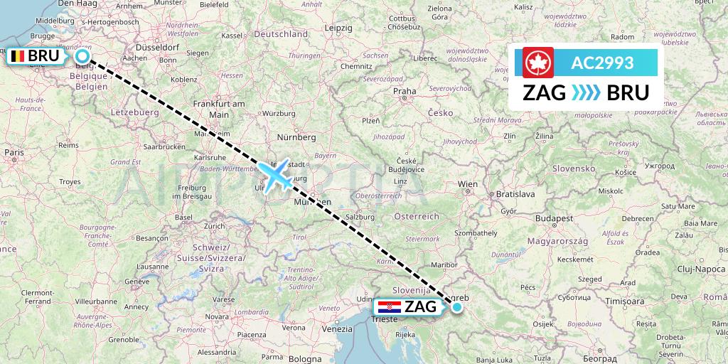 AC2993 Air Canada Flight Map: Zagreb to Brussels