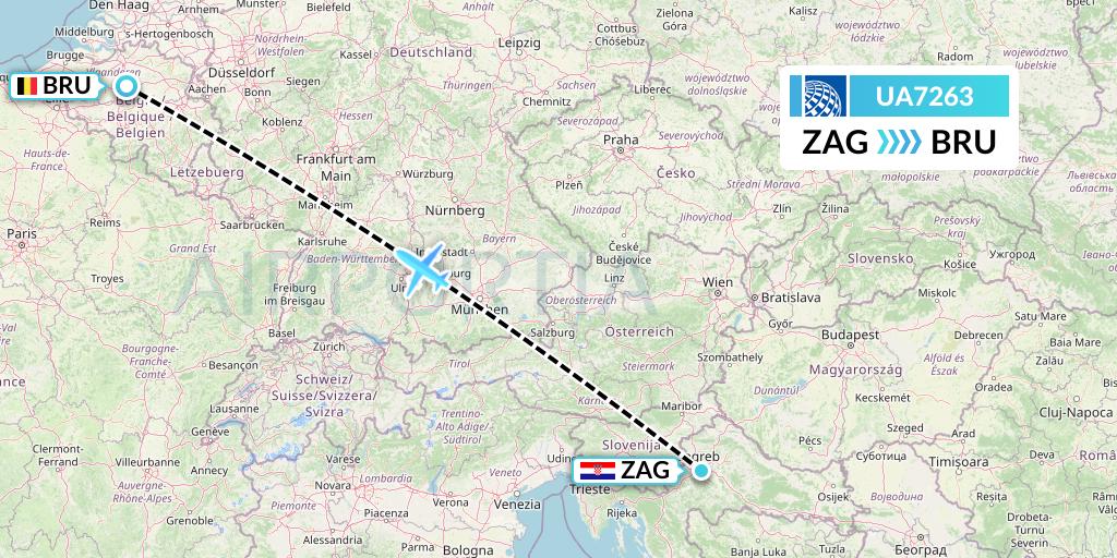 UA7263 United Airlines Flight Map: Zagreb to Brussels