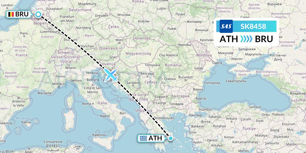 SK8458 SAS Flight Map: Athens to Brussels