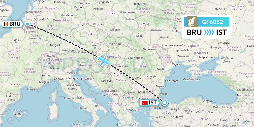 GF6052 Gulf Air Flight Map: Brussels to Istanbul