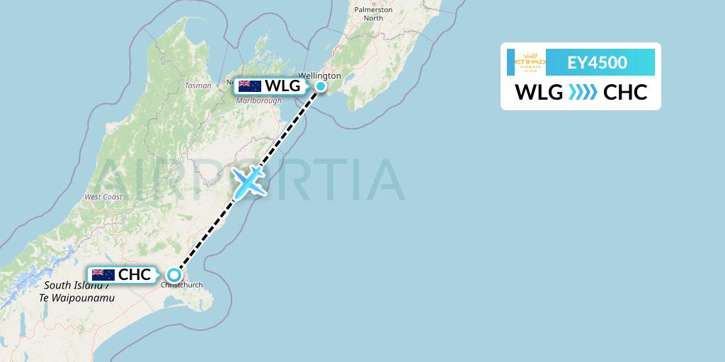 EY4500 Etihad Airways Flight Map: Wellington to Christchurch
