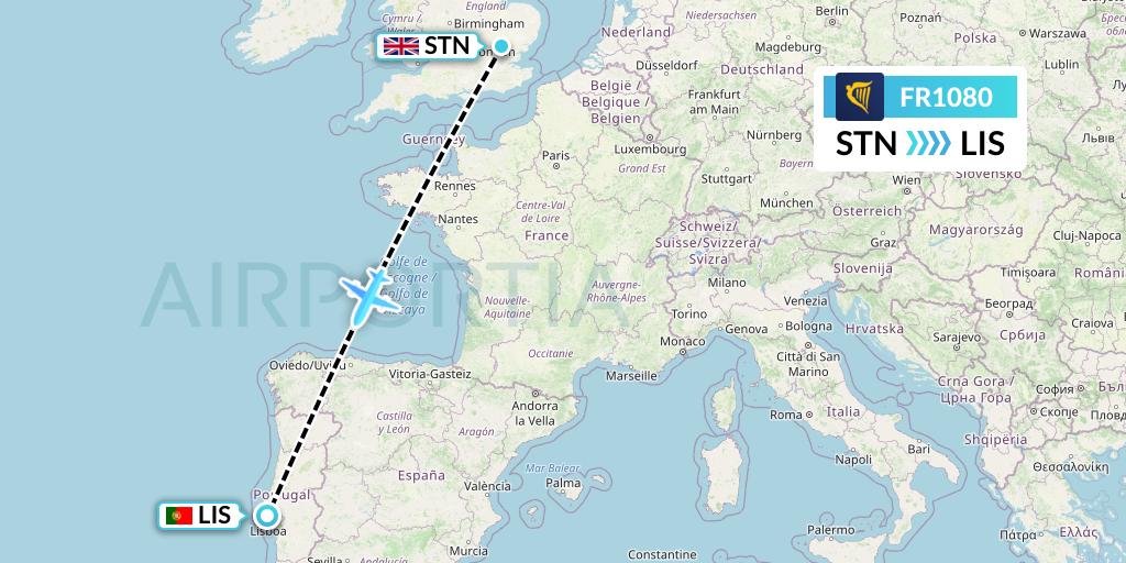 FR1080 Ryanair Flight Map: London to Lisbon