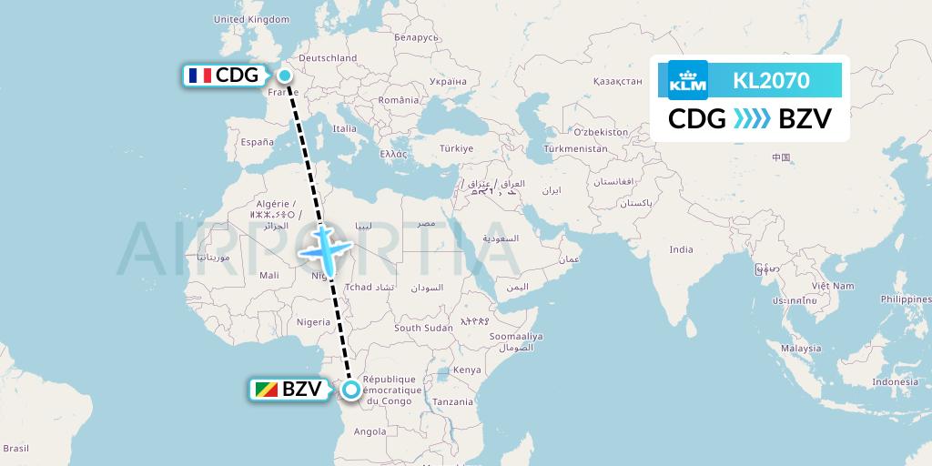 KL2070 KLM Flight Map: Paris to Brazzaville