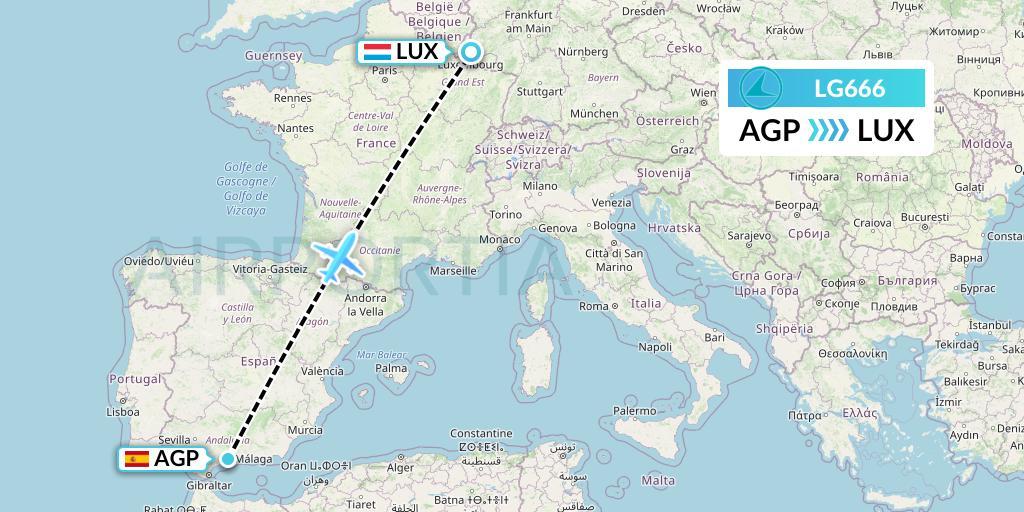 LG666 Luxair Flight Map: Malaga to Luxembourg