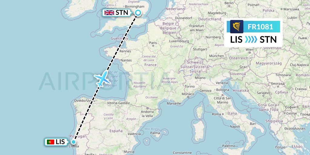 FR1081 Ryanair Flight Map: Lisbon to London
