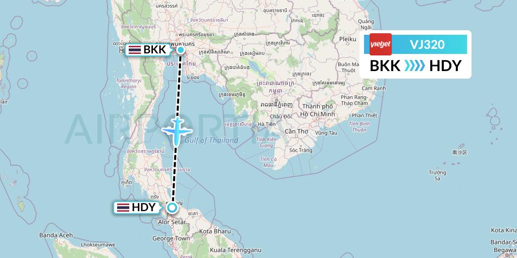 VJ320 VietJet Air Flight Map: Bangkok to Hat Yai