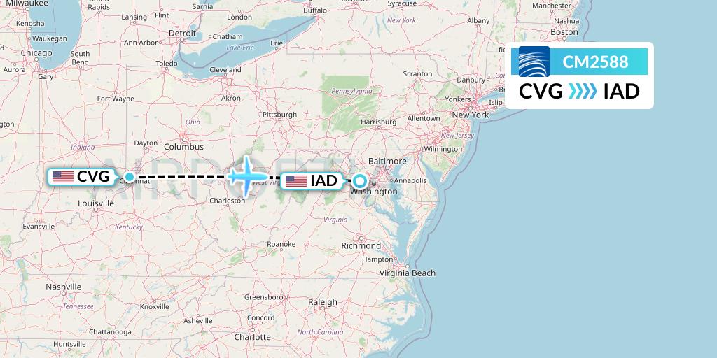 CM2588 Copa Airlines Flight Map: Cincinnati to Washington