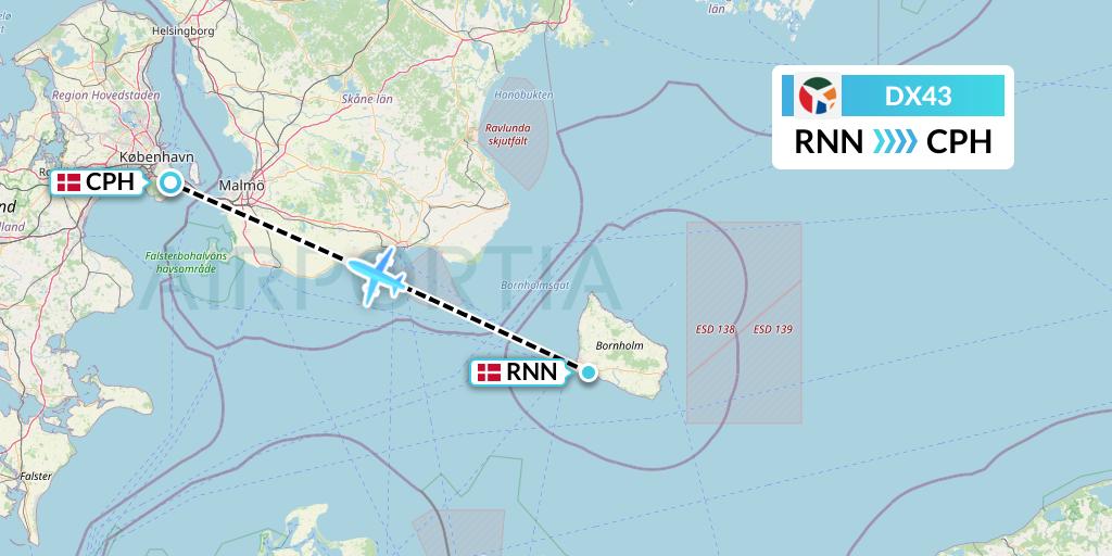 DX43 Danish Air Transport Flight Map: Ronne to Copenhagen