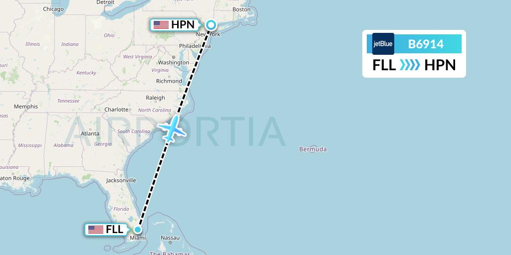 B6914 JetBlue Airways Flight Map: Fort Lauderdale to White Plains