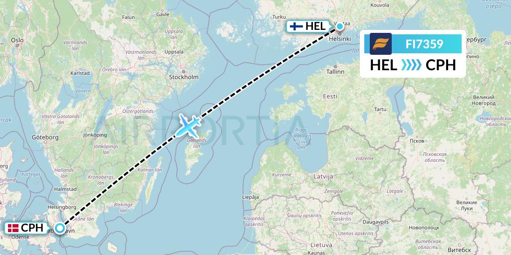 FI7359 Icelandair Flight Map: Helsinki to Copenhagen