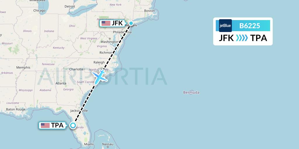 B6225 JetBlue Airways Flight Map: New York to Tampa
