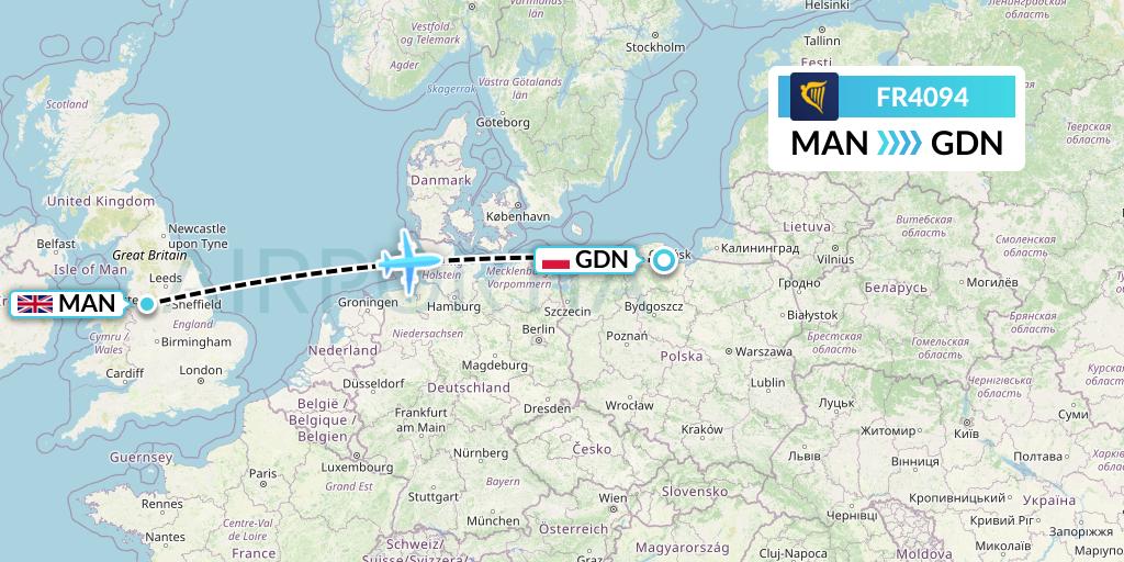 FR4094 Ryanair Flight Map: Manchester to Gdansk