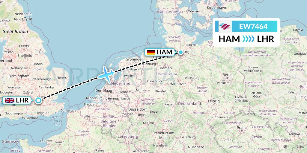 EW7464 Eurowings Flight Map: Hamburg to London