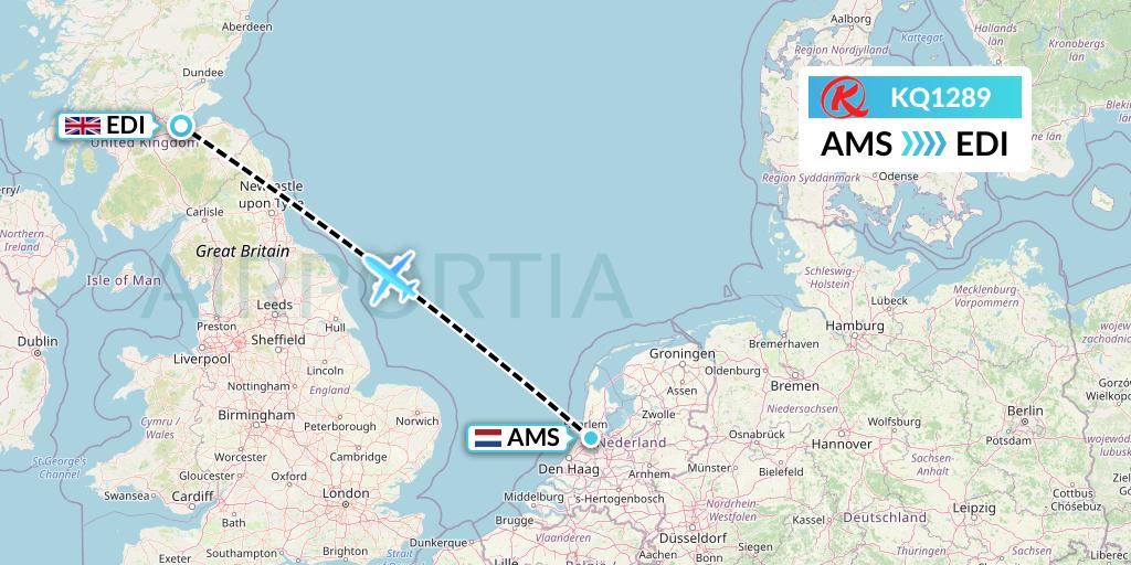 KQ1289 Kenya Airways Flight Map: Amsterdam to Edinburgh