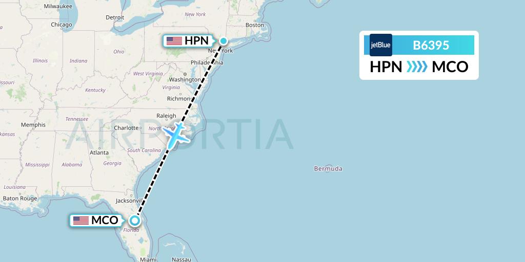 B6395 JetBlue Airways Flight Map: White Plains to Orlando