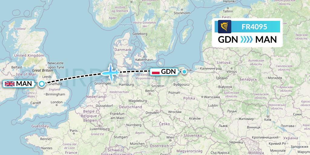 FR4095 Ryanair Flight Map: Gdansk to Manchester