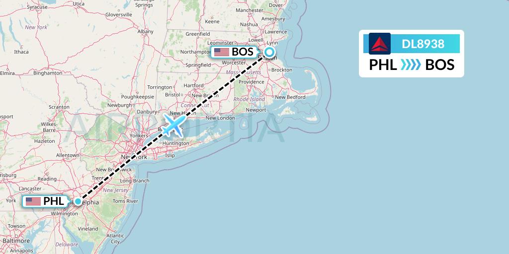 DL8938 Delta Air Lines Flight Map: Philadelphia to Boston