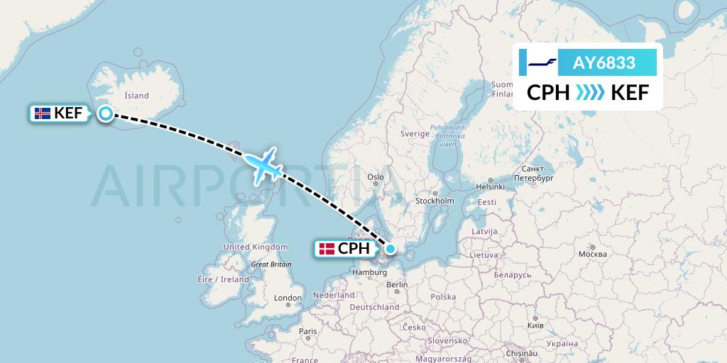 AY6833 Finnair Flight Map: Copenhagen to Reykjavik