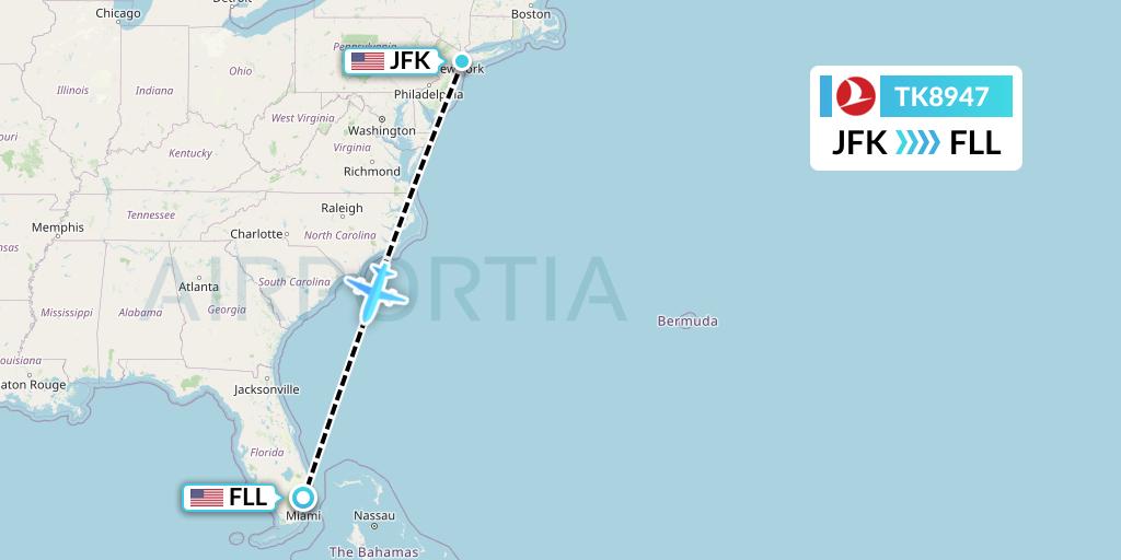 TK8947 Turkish Airlines Flight Map: New York to Fort Lauderdale