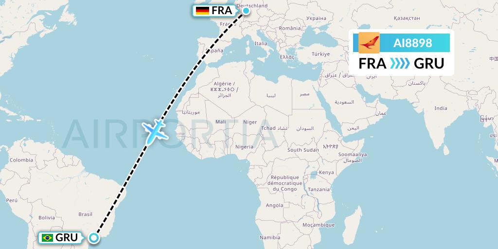AI8898 Air India Flight Map: Frankfurt to Sao Paulo