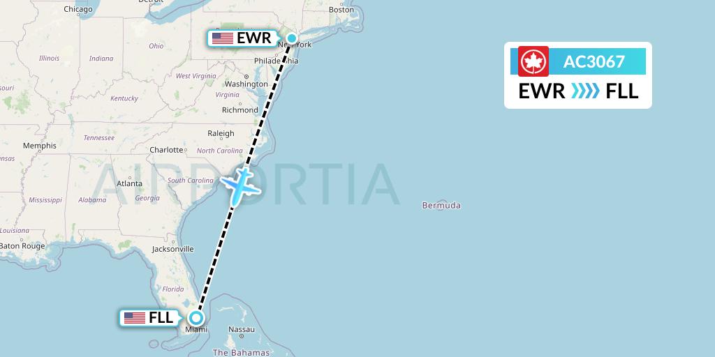 AC3067 Air Canada Flight Map: New York to Fort Lauderdale