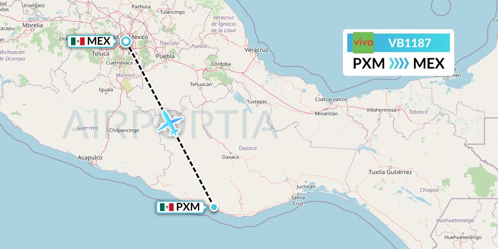 VB1187 VivaAerobus Flight Map: Puerto Escondido to Mexico City