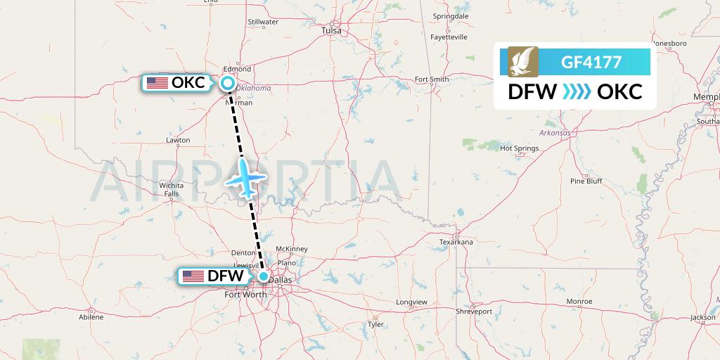 GF4177 Gulf Air Flight Map: Dallas to Oklahoma City