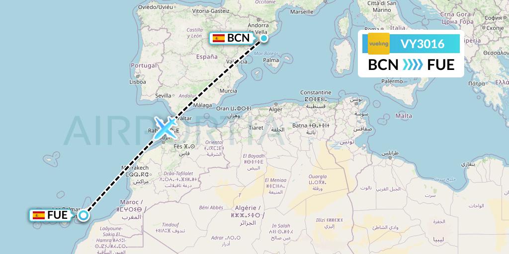VY3016 Vueling Flight Map: Barcelona to Fuerteventura