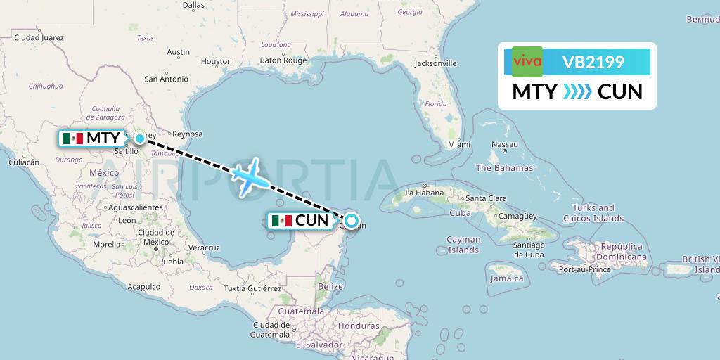 VB2199 VivaAerobus Flight Map: Monterrey to Cancun