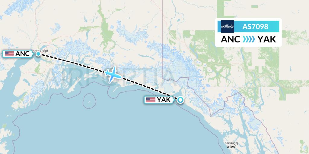 AS7098 Alaska Airlines Flight Map: Anchorage to Yakutat