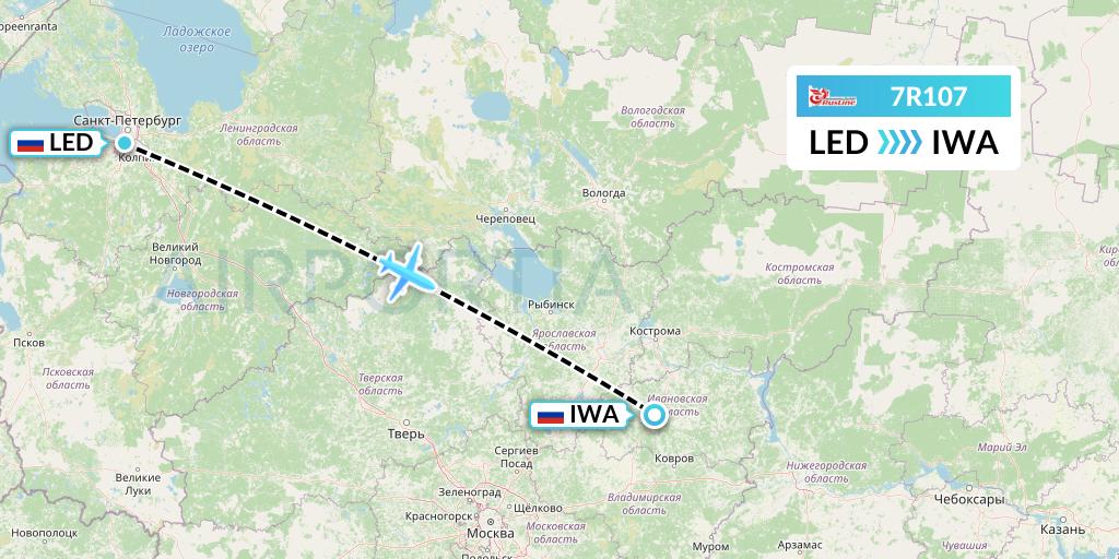 7R107 Rusline Flight Map: St. Petersburg to Ivanovo