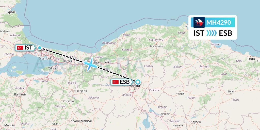 MH4290 Malaysia Airlines Flight Map: Istanbul to Ankara