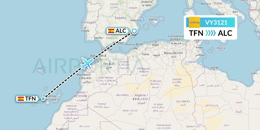 VY3121 Vueling Flight Map: Tenerife to Alicante