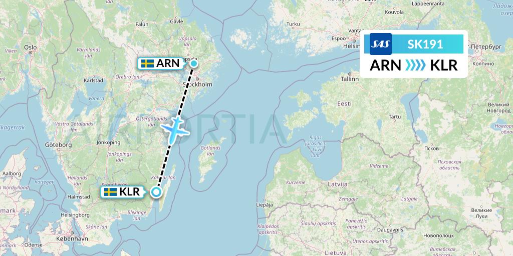 SK191 SAS Flight Map: Stockholm to Kalmar