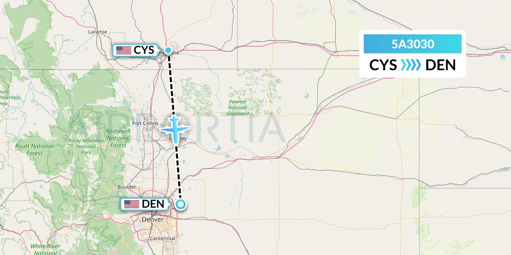 5A3030 Alpine Air Express Flight Map: Cheyenne to Denver