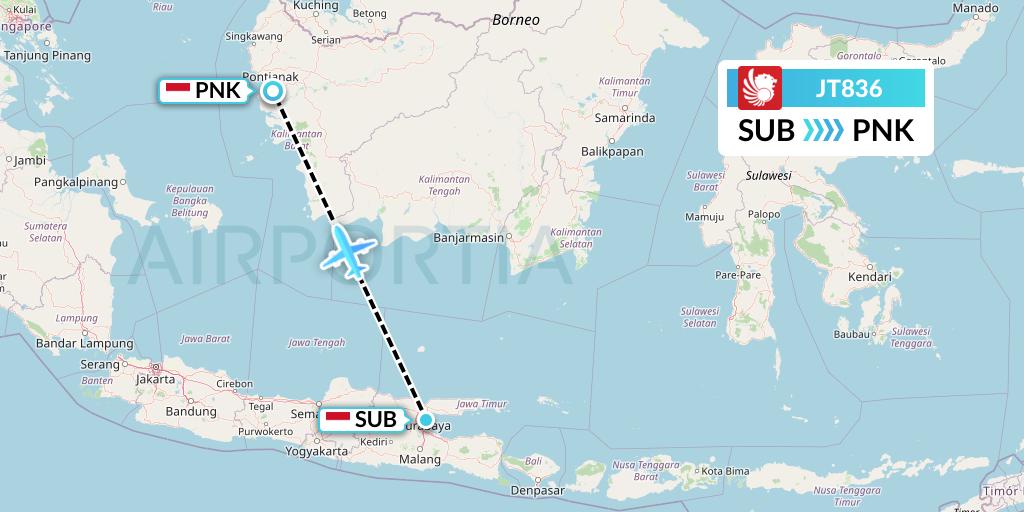 JT836 Lion Airlines Flight Map: Surabaya to Pontianak