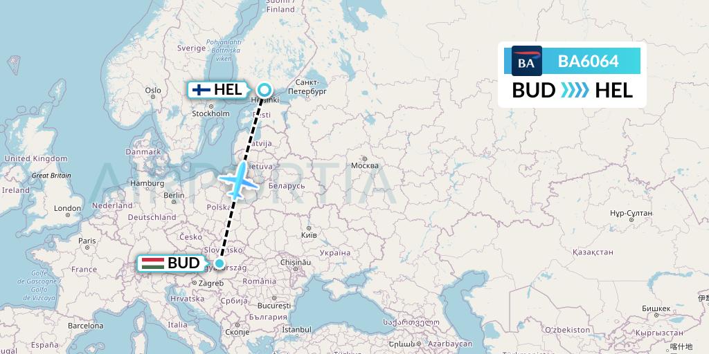 BA6064 British Airways Flight Map: Budapest to Helsinki