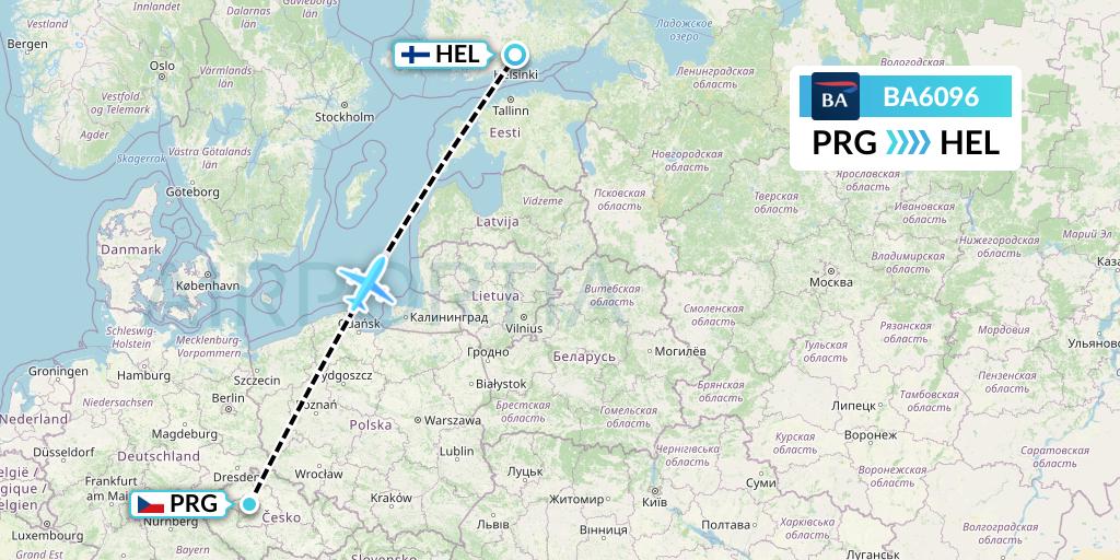 BA6096 British Airways Flight Map: Prague to Helsinki