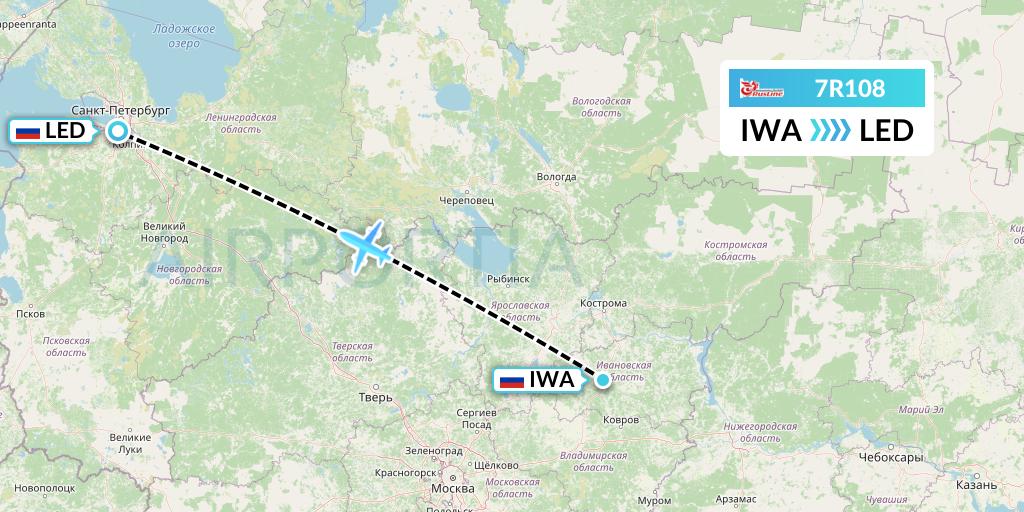 7R108 Rusline Flight Map: Ivanovo to St. Petersburg