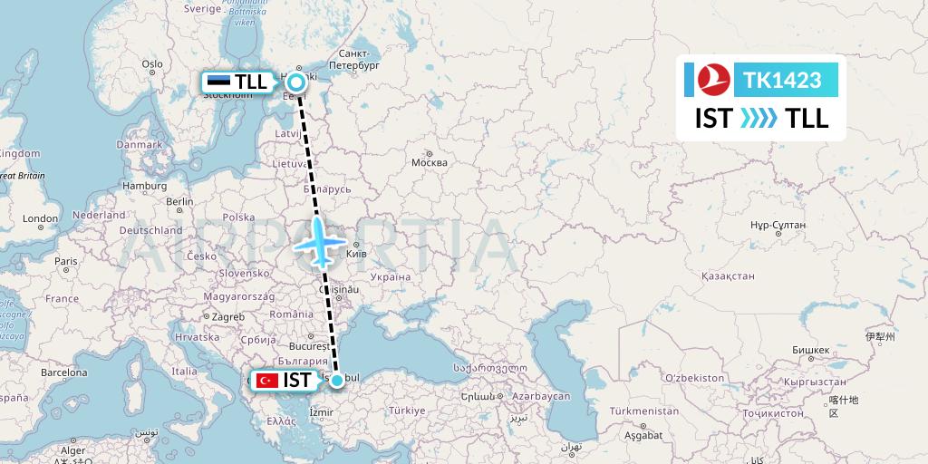 TK1423 Turkish Airlines Flight Map: Istanbul to Tallinn