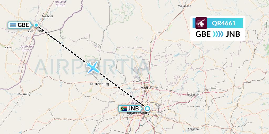 QR4661 Qatar Airways Flight Map: Gaborone to Johannesburg