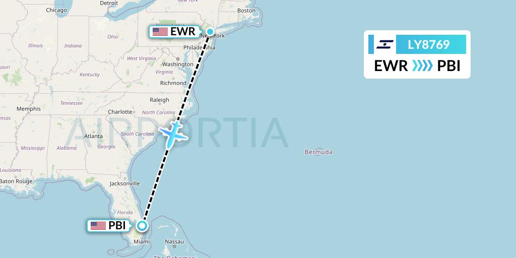 LY8769 El Al Flight Map: New York to West Palm Beach