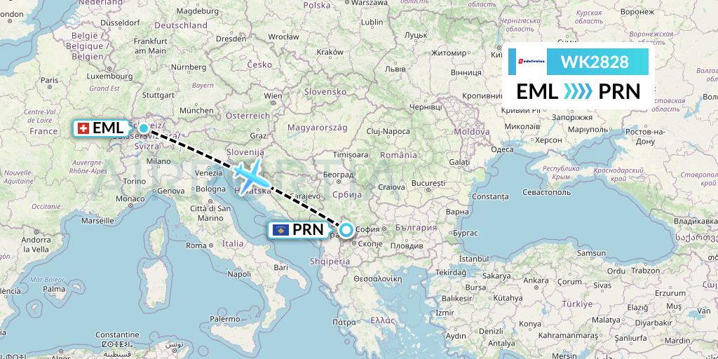 WK2828 Edelweiss Air Flight Map: Luzern to Pristina