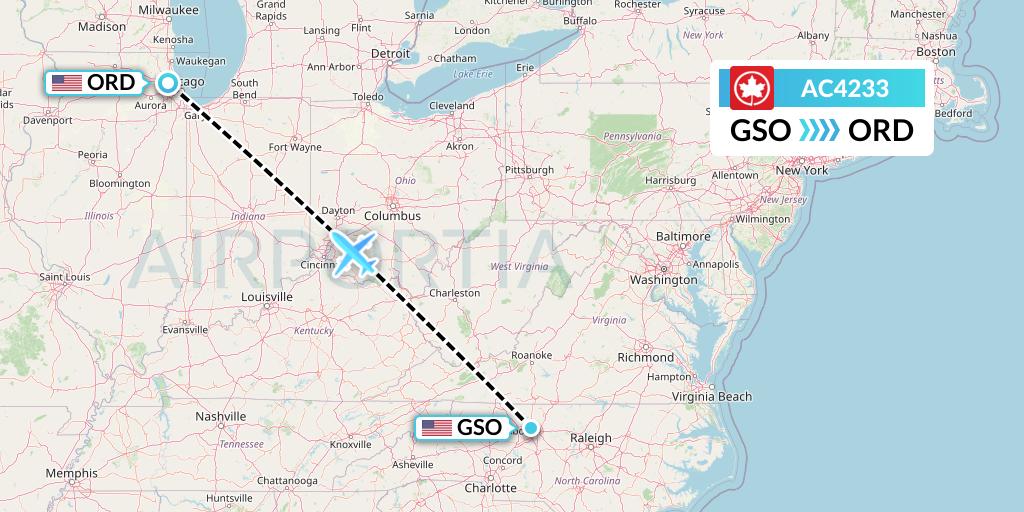 AC4233 Air Canada Flight Map: Greensboro to Chicago