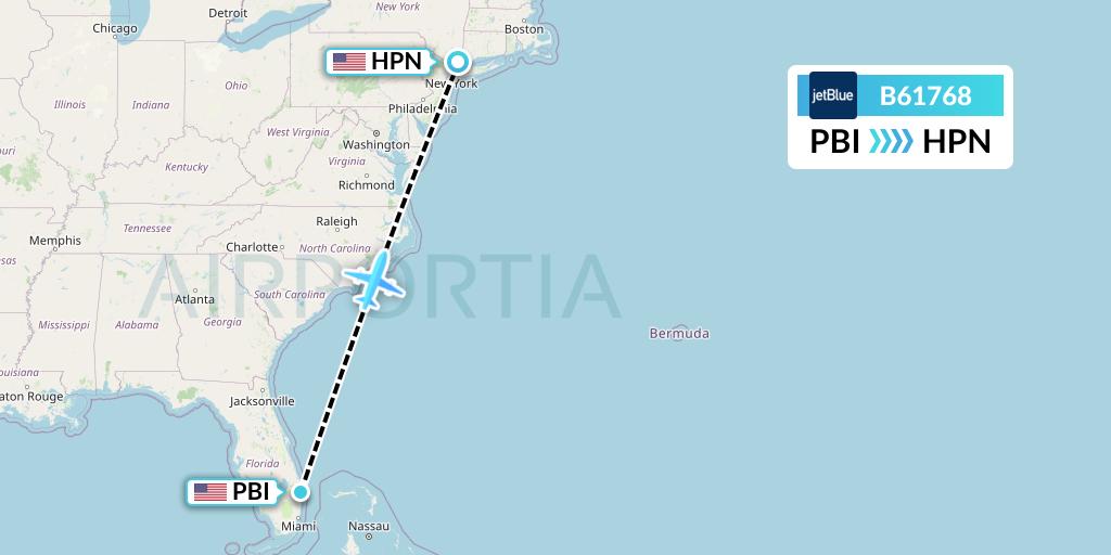 B61768 JetBlue Airways Flight Map: West Palm Beach to White Plains