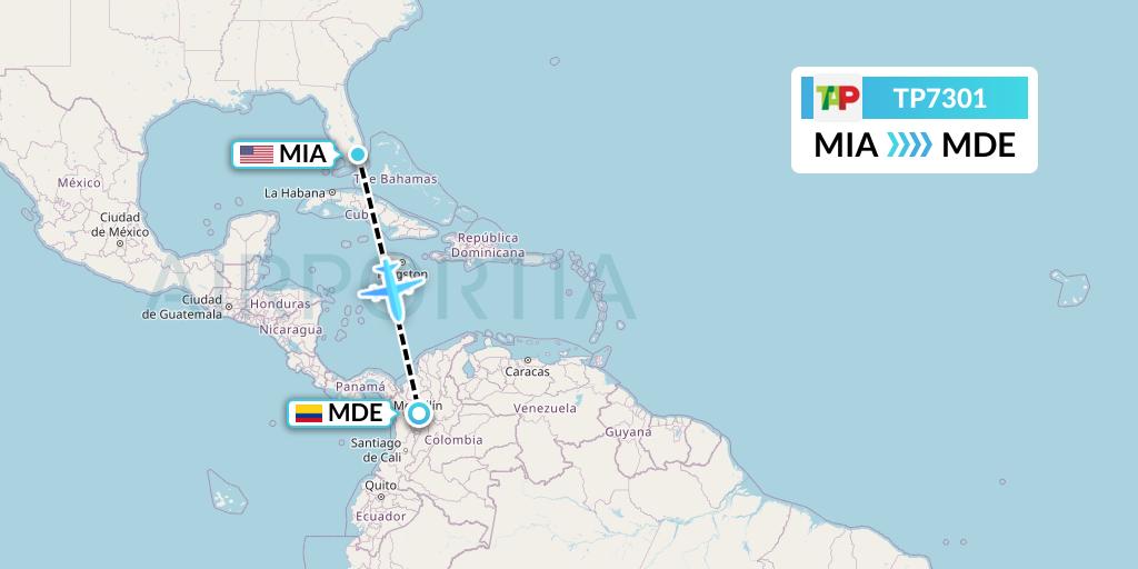 TP7301 TAP Portugal Flight Map: Miami to Medellin