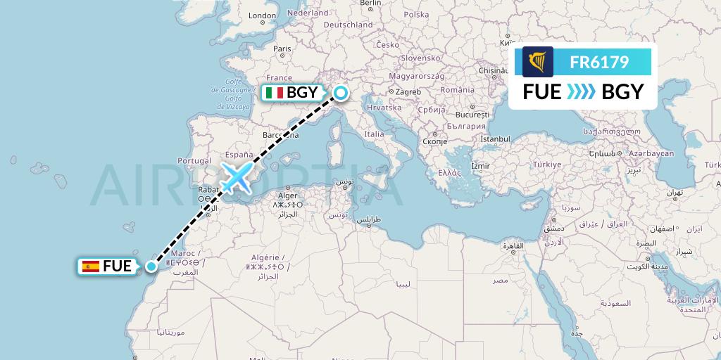 FR6179 Ryanair Flight Map: Fuerteventura to Milan
