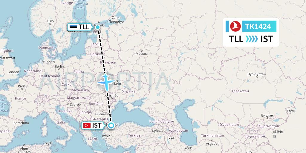 TK1424 Turkish Airlines Flight Map: Tallinn to Istanbul